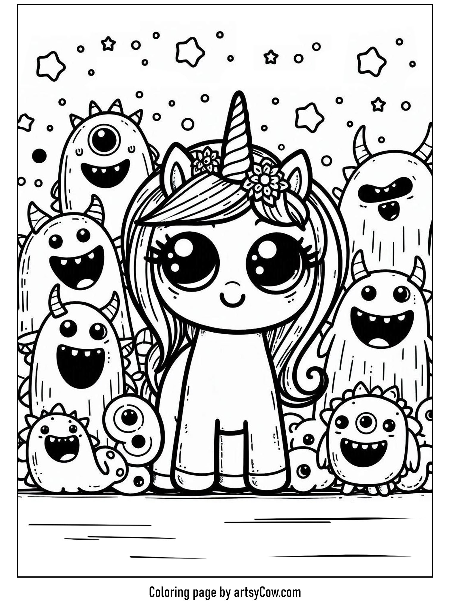 Halloween coloring pages with unicorn 2 featuring a unicorn surrounded by cute monster friends.